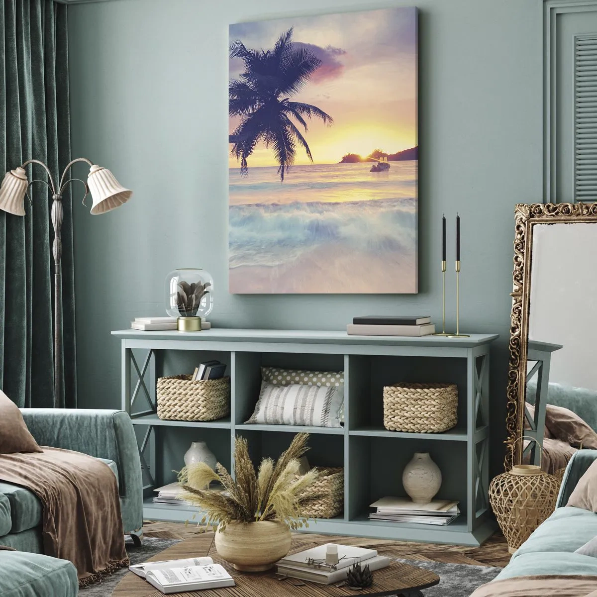 Impression sur toile - Image sur toile - Plage avec un palmier et un coucher de soleil sur l'océan - 80x120cm - Une soirée à la baie - Décoration murale moderne pour le salon et la chambre ARTTOR