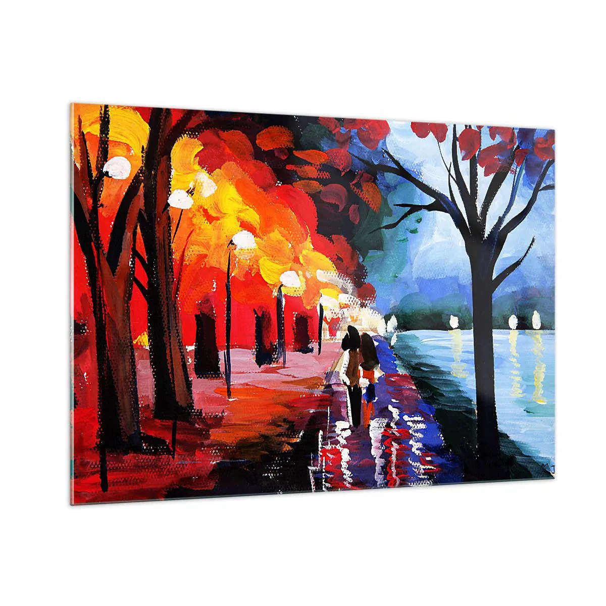 Impression sur verre - Image sur verre - Un couple se promenant dans un parc coloré le soir - 100x70cm - Automne flamboyant dans le parc - Décoration murale moderne pour le salon et la chambre ARTTOR