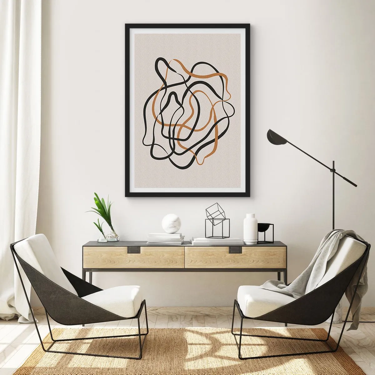Affiche dans un cadre noir - Poster - Lignes abstraites enchevêtrées en noir et or sur beige - 50x70cm - Tout s'est mal déroulé - Décoration murale moderne pour le salon et la chambre ARTTOR