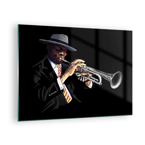 Impression sur verre - Image sur verre - Un musicien noir avec une trompette et un chapeau sur fond noir - 70x50cm - Le charme de la vieille école - Décoration murale moderne pour le salon et la chambre ARTTOR