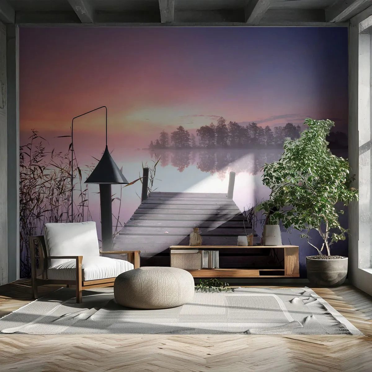 Papier Peint Autocollant Deluxe Sticker - De la brume lilas… - Paysage, Lever du soleil, Lac - 100x70 cm