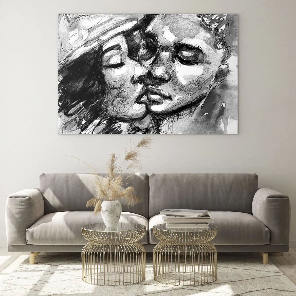 Impression sur verre - Image sur verre - Croquis en noir et blanc d'un tendre baiser - 120x80cm - Un moment tendre - Décoration murale moderne pour le salon et la chambre ARTTOR