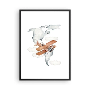 Affiche dans un cadre noir - Poster - Un biplan au-dessus d'une carte du monde dans les nuages - 50x70cm - Dans un esprit pionnier - Décoration murale moderne pour le salon et la chambre ARTTOR