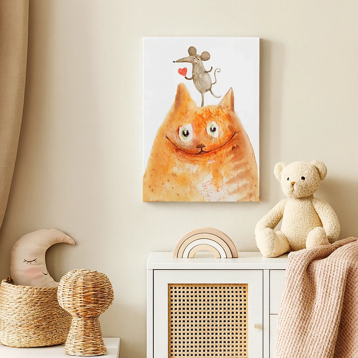 Impression sur toile - Image sur toile - Un dessin d'un chat avec une souris sur la tête tenant un cœur - 50x70cm - Amour paradoxal - Décoration murale moderne pour le salon et la chambre ARTTOR