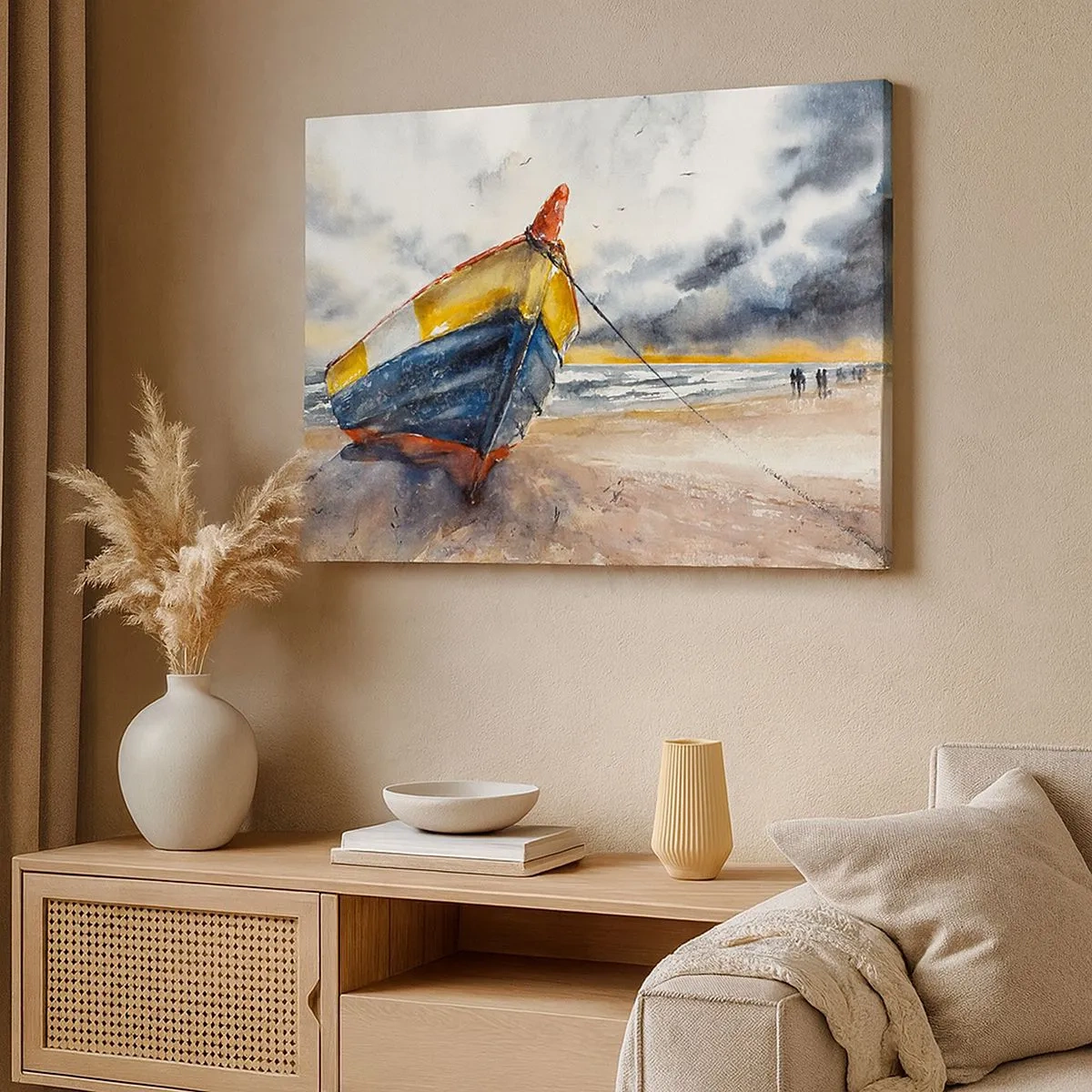 Impression sur toile - Image sur toile - Un bateau pittoresque sur la plage sous un ciel nuageux - 70x50cm - Repos sur le rivage - Décoration murale moderne pour le salon et la chambre ARTTOR