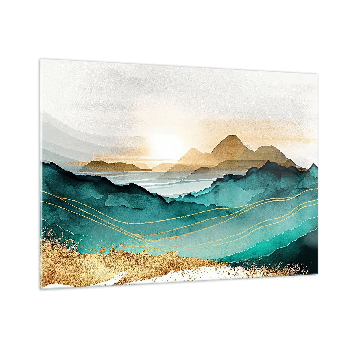 Impression sur verre - Image sur verre - Un paysage de montagne doré et turquoise dans un style aquarelle. - 100x70cm - Au frontière de l’abstraction – paysage - Décoration murale moderne pour le salon et la chambre ARTTOR