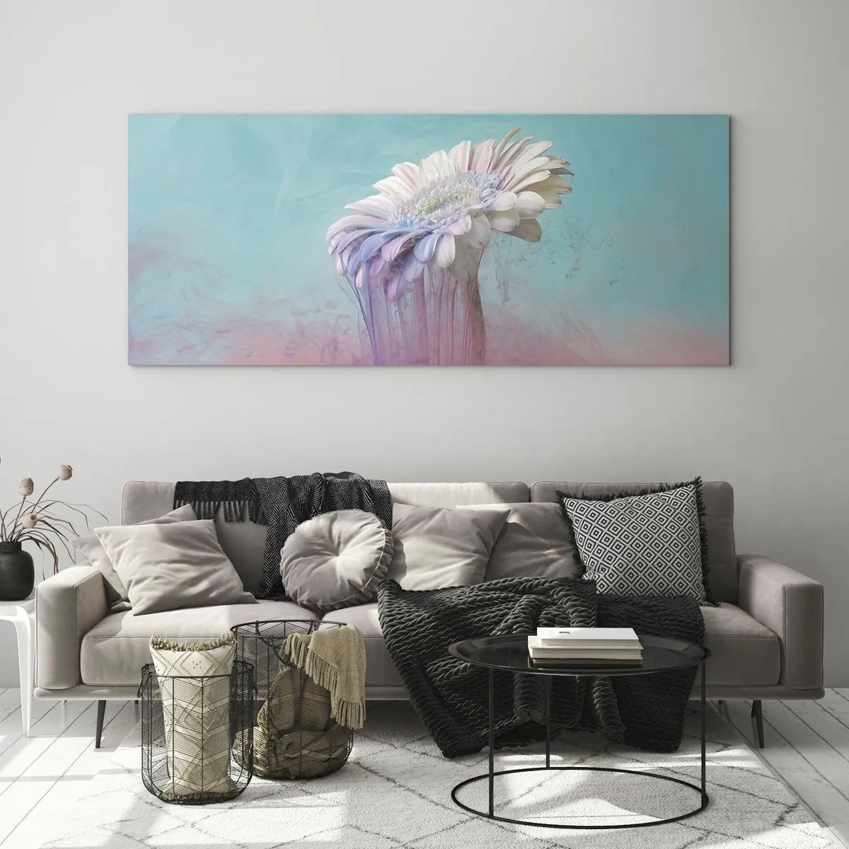 Impression sur verre - Image sur verre - Gerbera pastel avec effet flou - 160x50cm - Le monde souterrain des fleurs - Décoration murale moderne pour le salon et la chambre ARTTOR