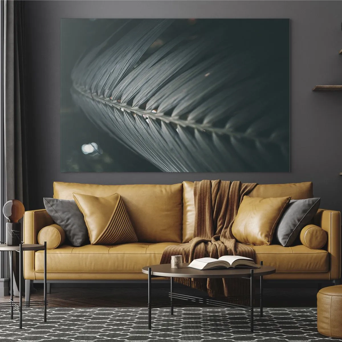 Impression sur verre - Image sur verre - Gros plan d'une feuille de palmier vert foncé avec reflet lumineux - 70x50cm - Précision de la nature - Décoration murale moderne pour le salon et la chambre ARTTOR
