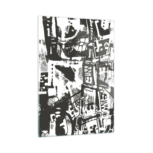Impression sur verre - Image sur verre - Abstraction en noir et blanc avec des motifs géométriques et techniques - 50x70cm - Ordre ou chaos? - Décoration murale moderne pour le salon et la chambre ARTTOR