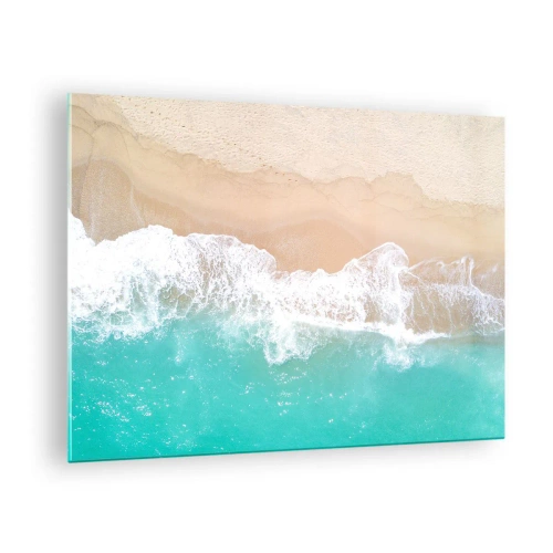 Impression sur verre - Image sur verre - Vue aérienne de la plage avec de l'eau turquoise et des vagues blanches - 70x50cm - Caresse de l'océan - Décoration murale moderne pour le salon et la chambre ARTTOR