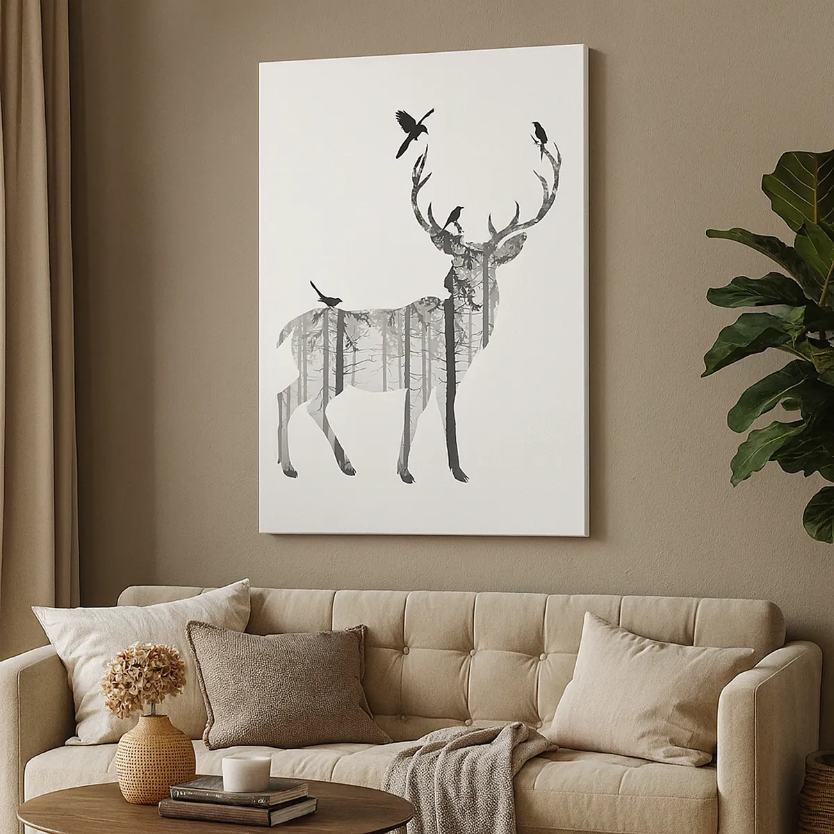 Impression sur toile - Image sur toile - Silhouette d'un cerf avec forêt et oiseaux - 50x70cm - La bonne âme de la forêt - Décoration murale moderne pour le salon et la chambre ARTTOR