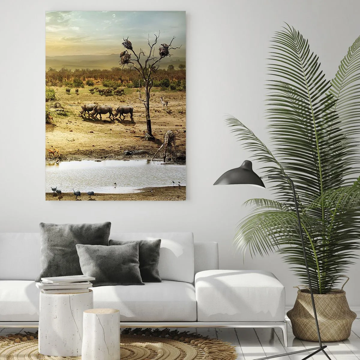 Impression sur verre - Image sur verre - Éléphants et animaux à un point d'eau sur fond de paysage africain - 50x70cm - "Et d'Eden coulait une rivière..." - Décoration murale moderne pour le salon et la chambre ARTTOR