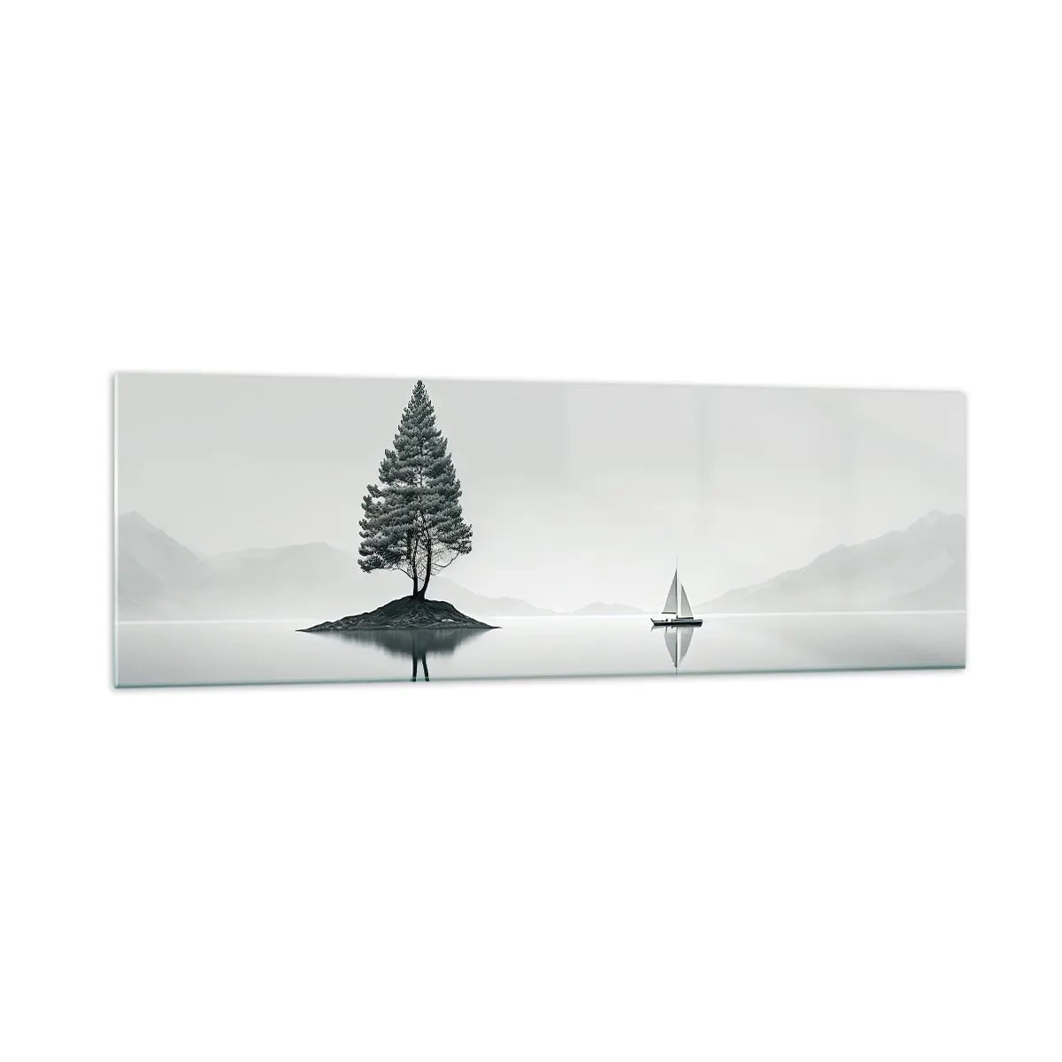 Impression sur verre - Image sur verre - Un paysage minimaliste avec un arbre sur une île et un voilier. - 160x50cm - Un rêve somnolent - Décoration murale moderne pour le salon et la chambre ARTTOR