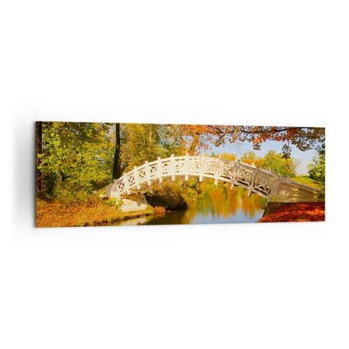 Impression sur toile - Image sur toile - Un pont dans un parc entouré de feuilles d'automne sur une eau calme - 160x50cm - Sur le pont blanc des soupirs - Décoration murale moderne pour le salon et la chambre ARTTOR