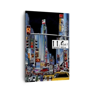 Impression sur toile - Image sur toile - Une ville animée avec des publicités colorées et des taxis jaunes - 70x100cm - Grande nuit de bande dessinée - Décoration murale moderne pour le salon et la chambre ARTTOR