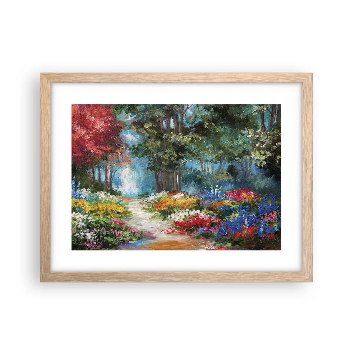 Affiche dans un chêne clair - Poster - Jardin forestier, forêt de fleurs - 40x30 cm