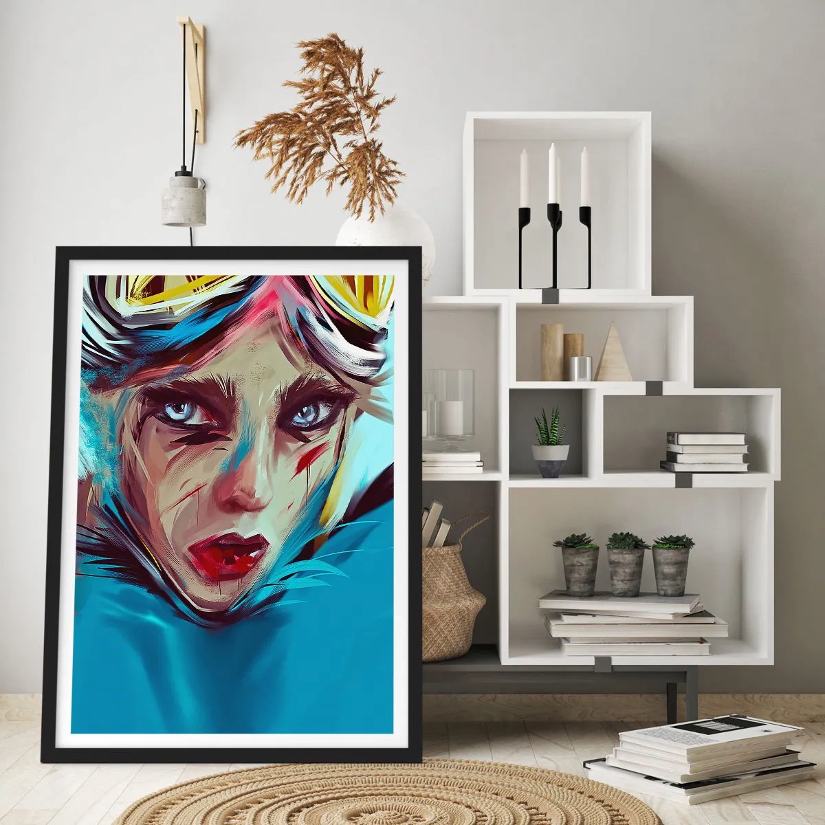 Affiche dans un cadre noir - Poster - Portrait d'une femme au regard intense et sur fond bleu - 50x70cm - Guerrière errante - Décoration murale moderne pour le salon et la chambre ARTTOR