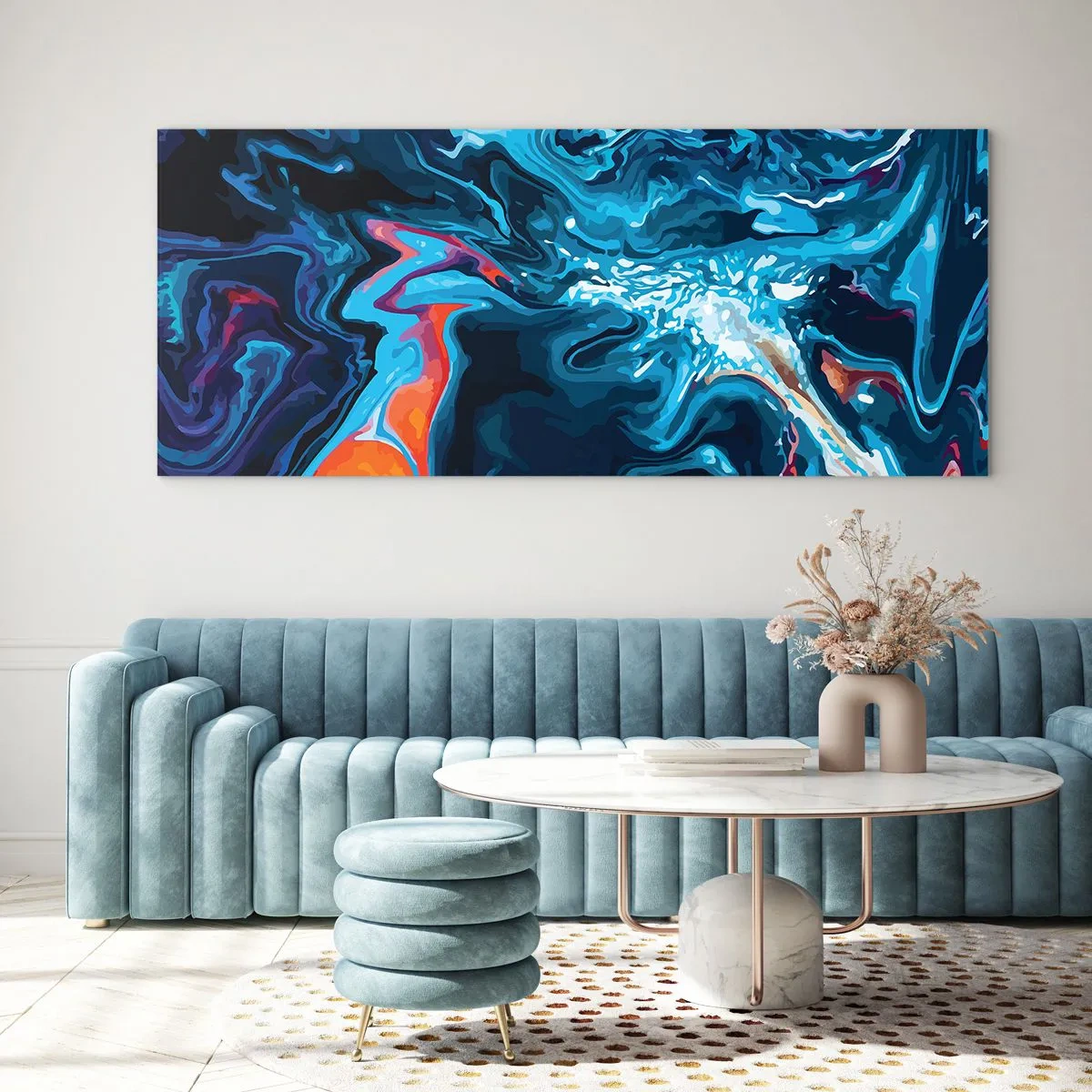 Impression sur verre - Image sur verre - Un motif abstrait dans des tons de bleu avec des accents orange. - 140x50cm - Voyage au centre du ciel - Décoration murale moderne pour le salon et la chambre ARTTOR