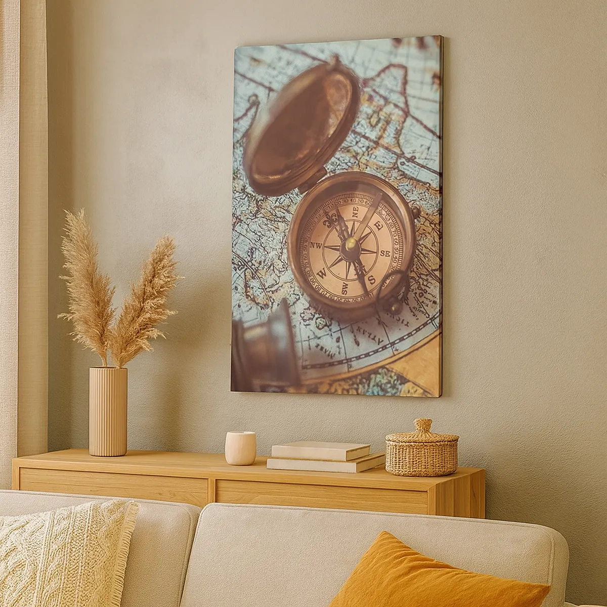 Impression sur toile - Image sur toile - Composition avec une boussole, des clés et une vieille carte dans un style rétro - 50x70cm - Pour ceux qui recherche l'aventure - Décoration murale moderne pour le salon et la chambre ARTTOR