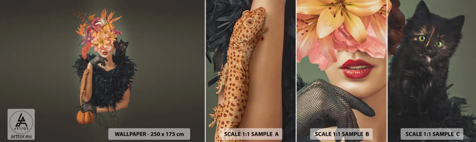 Échantillon de Papier Peint Autocollant Deluxe Sticker - Sort de sorcière - Abstraction, Femme, Fleurs - 100x30 cm