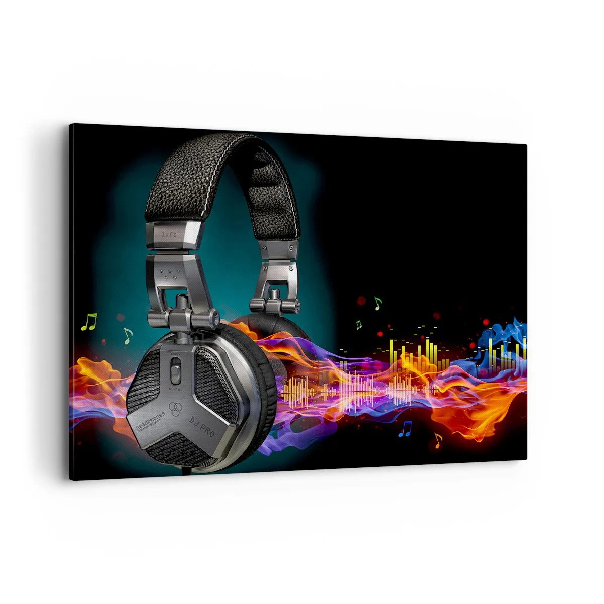 Impression sur toile - Image sur toile - Casque noir avec effet de visualisation musicale colorée - 100x70cm - Dans le feu de la musique - Décoration murale moderne pour le salon et la chambre ARTTOR
