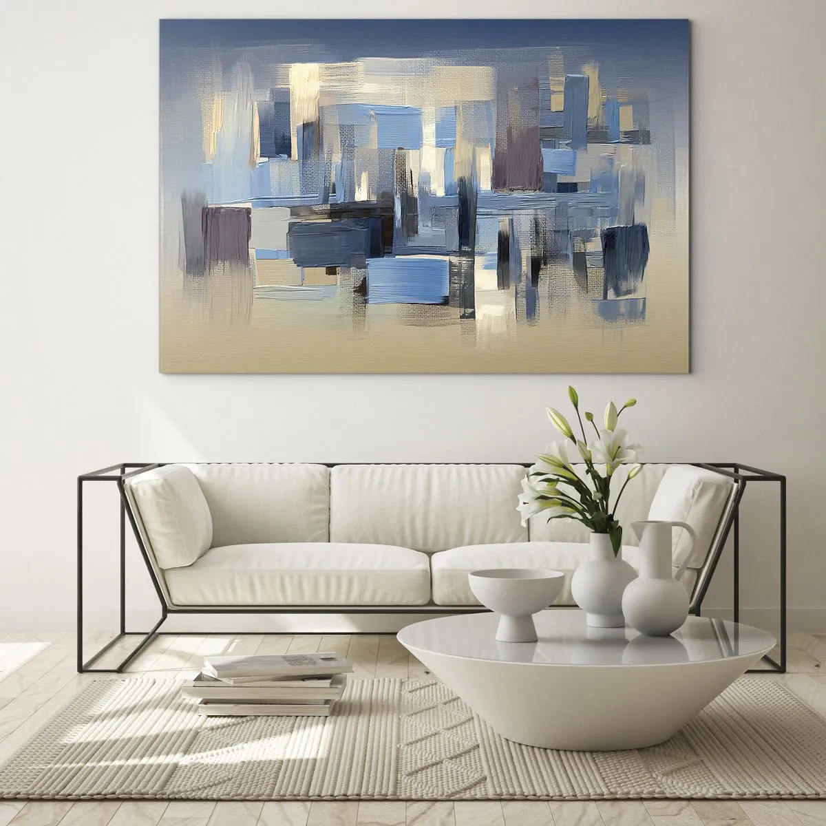 Impression sur verre - Image sur verre - Coups de pinceau géométriques dans les tons de bleu et de beige - 120x80cm - Construction bleue - Décoration murale moderne pour le salon et la chambre ARTTOR