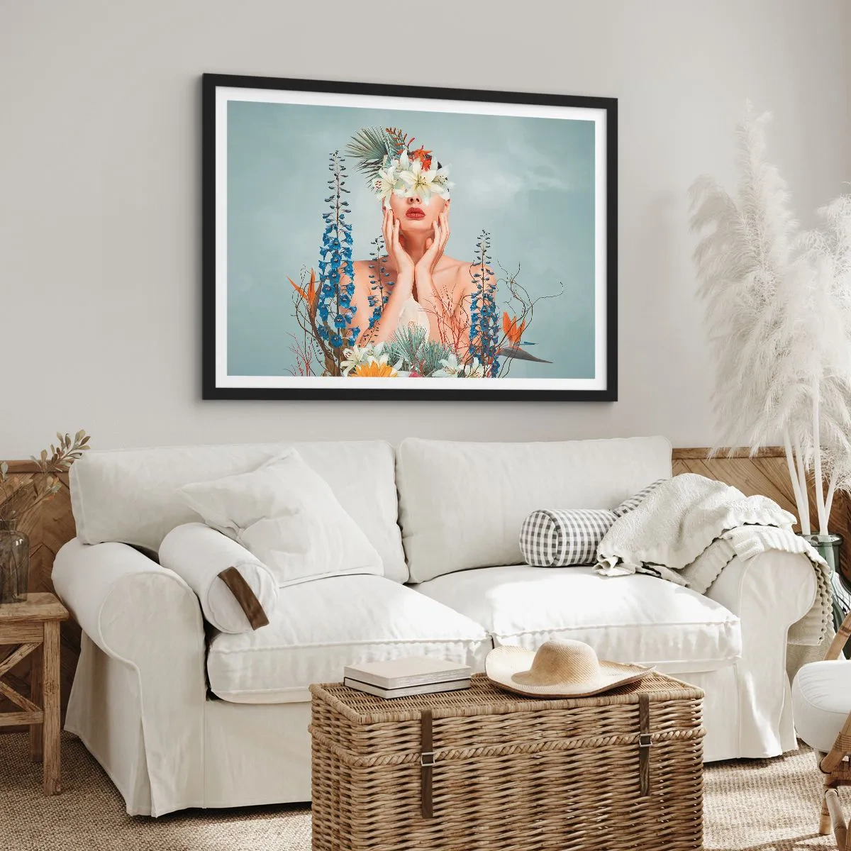 Affiche dans un cadre noir - Poster - Portrait d'une femme avec un motif floral sur fond bleu - 100x70cm - Femme - fleur - Décoration murale moderne pour le salon et la chambre ARTTOR