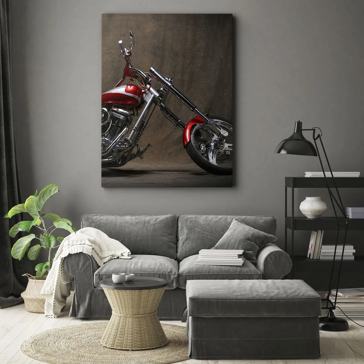 Impression sur toile - Image sur toile - Moto customisée rouge sur fond de tissu marron - 50x70cm - Beauté rouge-argent - Décoration murale moderne pour le salon et la chambre ARTTOR