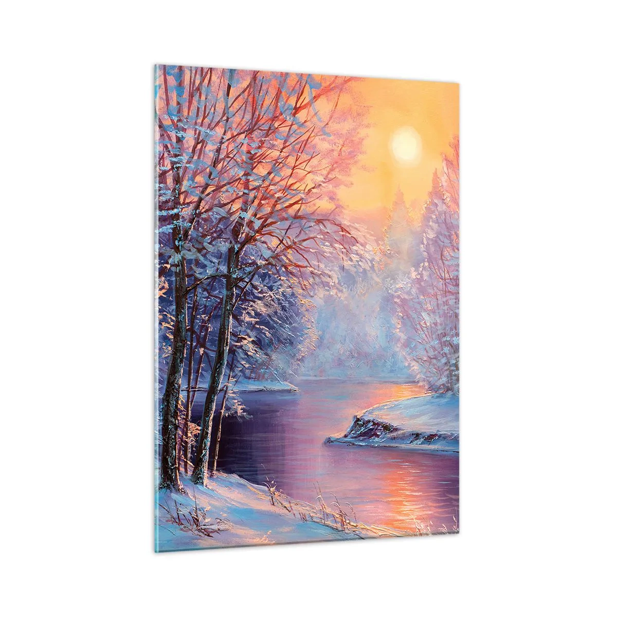 Impression sur verre - Image sur verre - Paysage d'hiver avec une rivière et un coucher de soleil - 50x70cm - Couleurs d'hiver - Décoration murale moderne pour le salon et la chambre ARTTOR