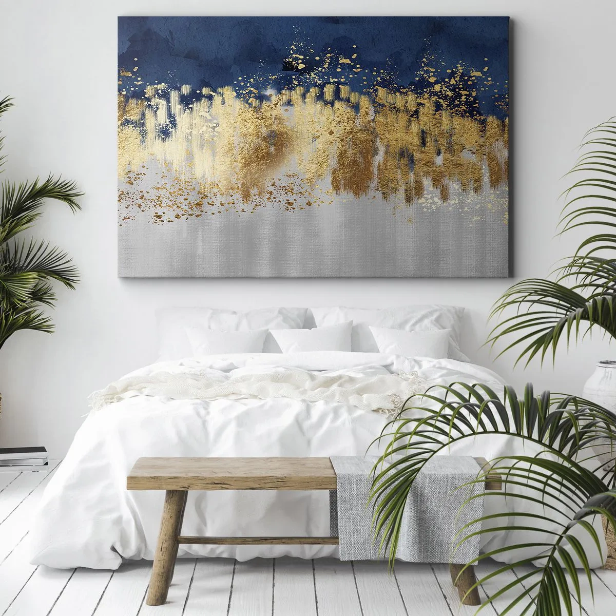 Impression sur toile - Image sur toile - Une composition abstraite dans des tons d'or et de bleu marine. - 100x70cm - Une composition moderne et pétillante - Décoration murale moderne pour le salon et la chambre ARTTOR