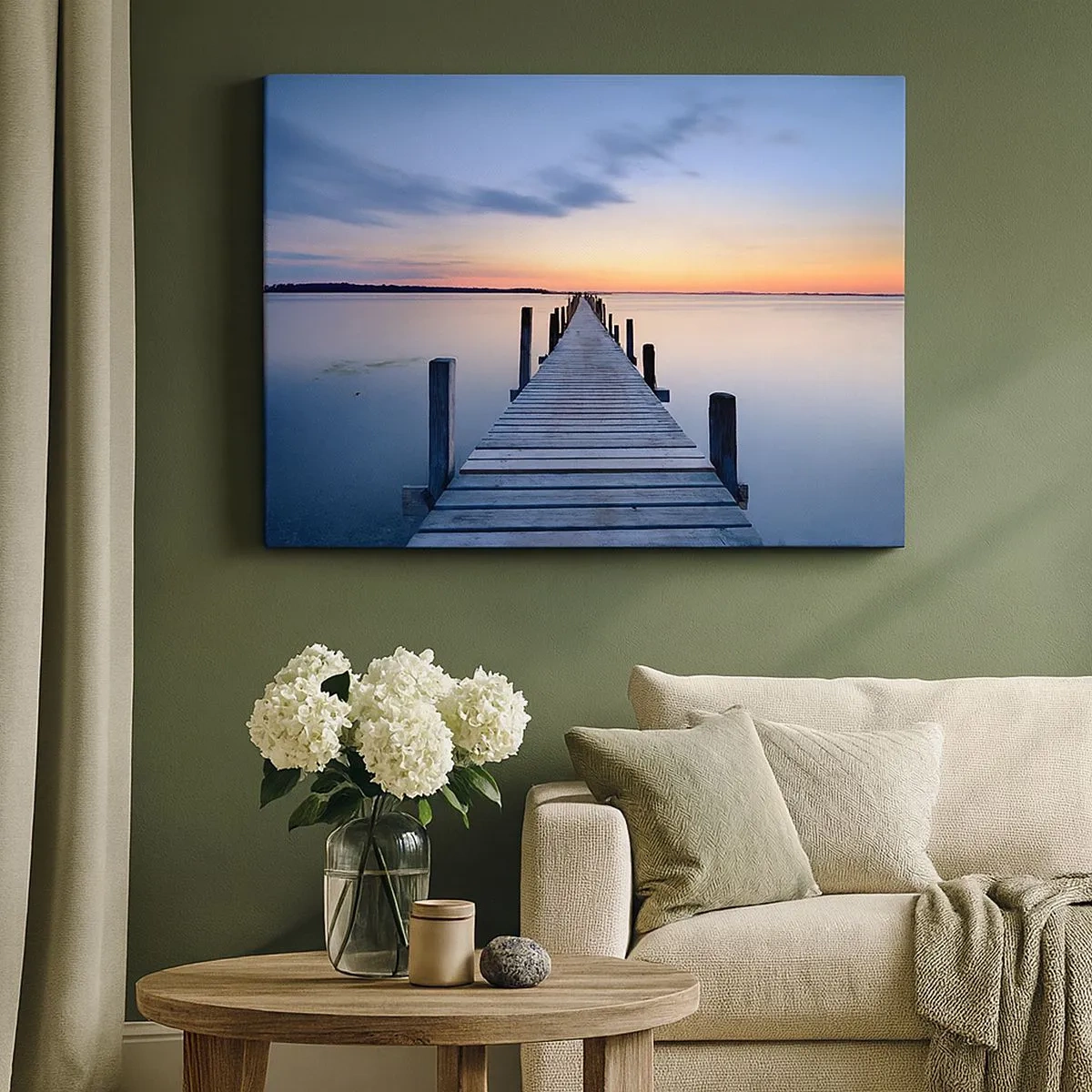 Impression sur toile - Image sur toile - Jetée en bois sur le lac au coucher du soleil - 70x50cm - Le calme d'un crépuscule serein - Décoration murale moderne pour le salon et la chambre ARTTOR