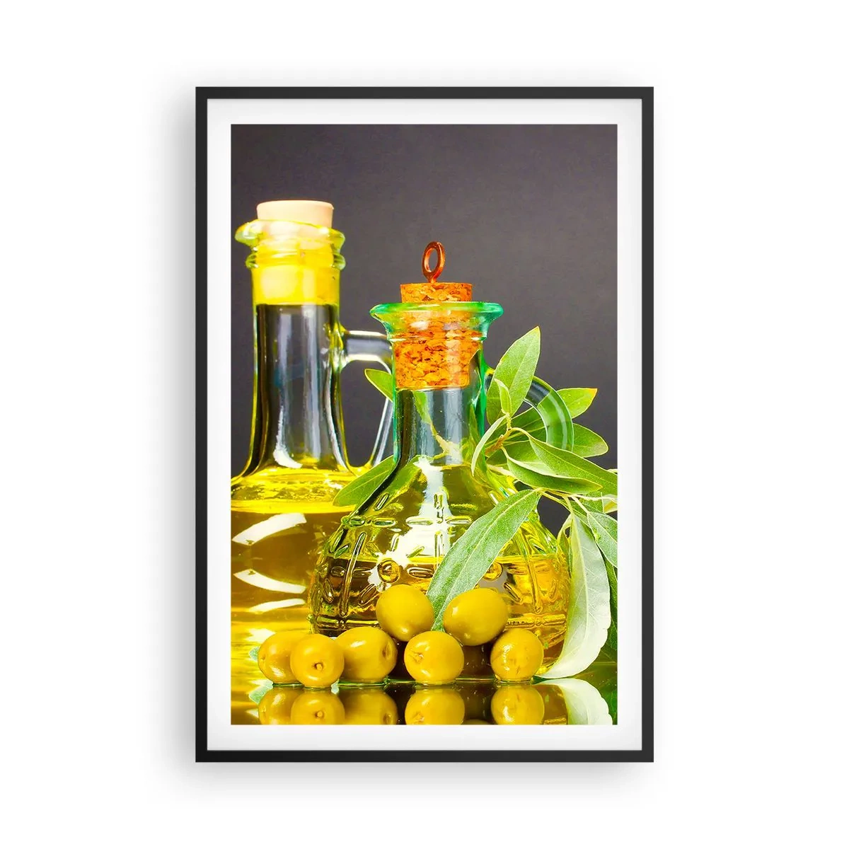 Affiche dans un cadre noir - Poster - Nature morte aux olives et à l'huile d'olive - 61x91 cm
