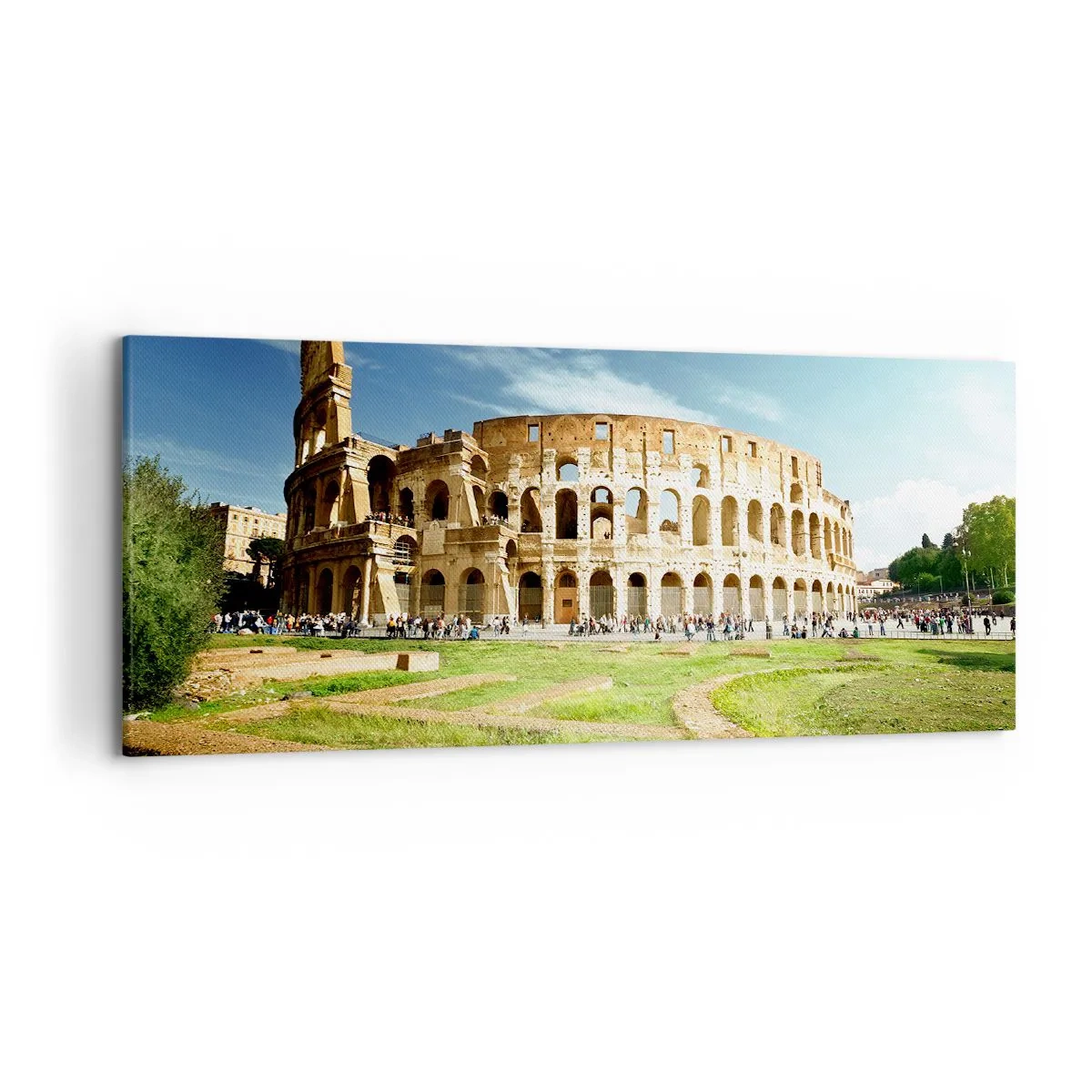 Impression sur toile - Image sur toile - Le Colisée de Rome entouré de verdure et de ciel bleu - 120x50cm - On entend encore la détonation de l'arme - Décoration murale moderne pour le salon et la chambre ARTTOR