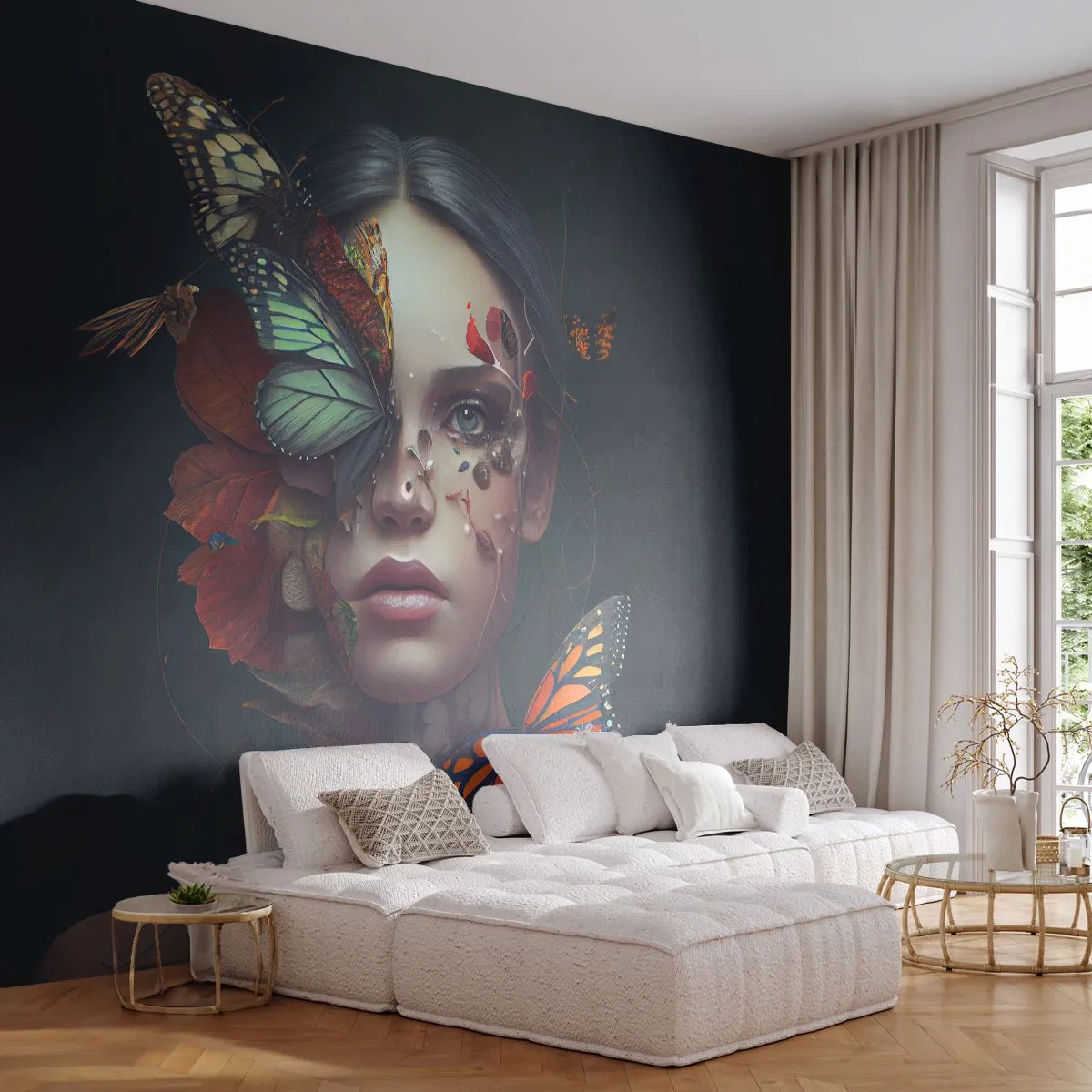 Papier Peint Photo Premium Sand - Portrait d'une femme avec des papillons et des feuilles sur son visage - 100x70cm - Une merveilleuse métamorphose - Décoration murale moderne pour le salon et la chambre ARTTOR