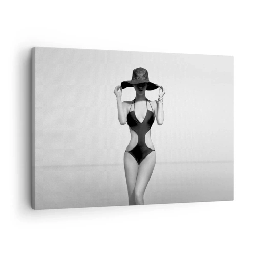 Impression sur toile - Image sur toile - Silhouette noire et blanche d'une femme portant un chapeau sur fond de mer - 70x50cm - Mon prénom? Élégance - Décoration murale moderne pour le salon et la chambre ARTTOR