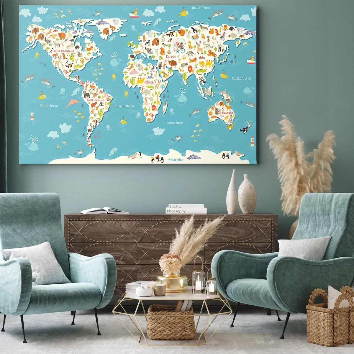 Impression sur toile - Image sur toile - Carte du monde colorée avec des illustrations d'animaux - 70x50cm - Nous aimons le monde entier - Décoration murale moderne pour le salon et la chambre ARTTOR