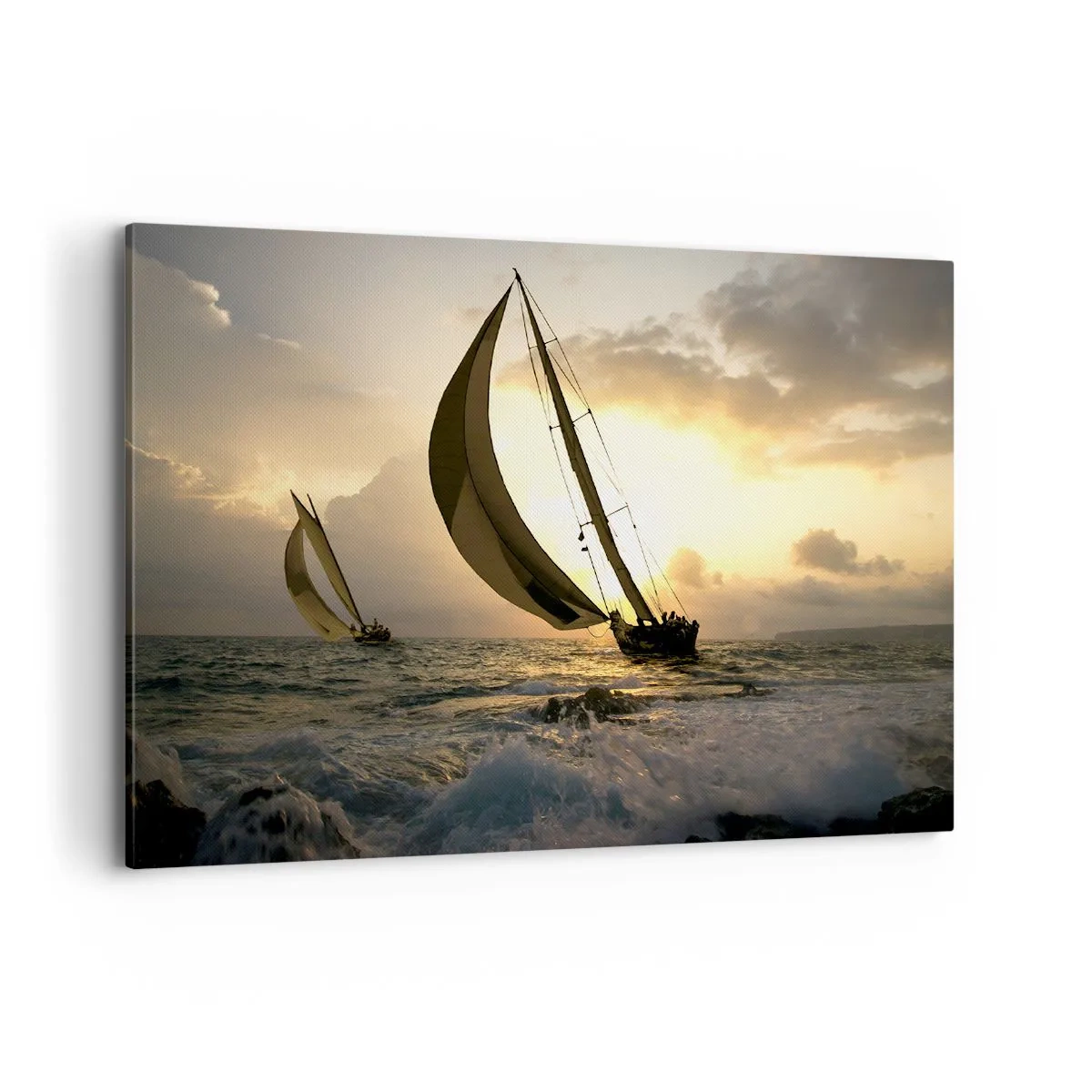 Impression sur toile - Image sur toile - Voiliers en mer au coucher du soleil - 120x80cm - Avec le vent et contre le vent - Décoration murale moderne pour le salon et la chambre ARTTOR