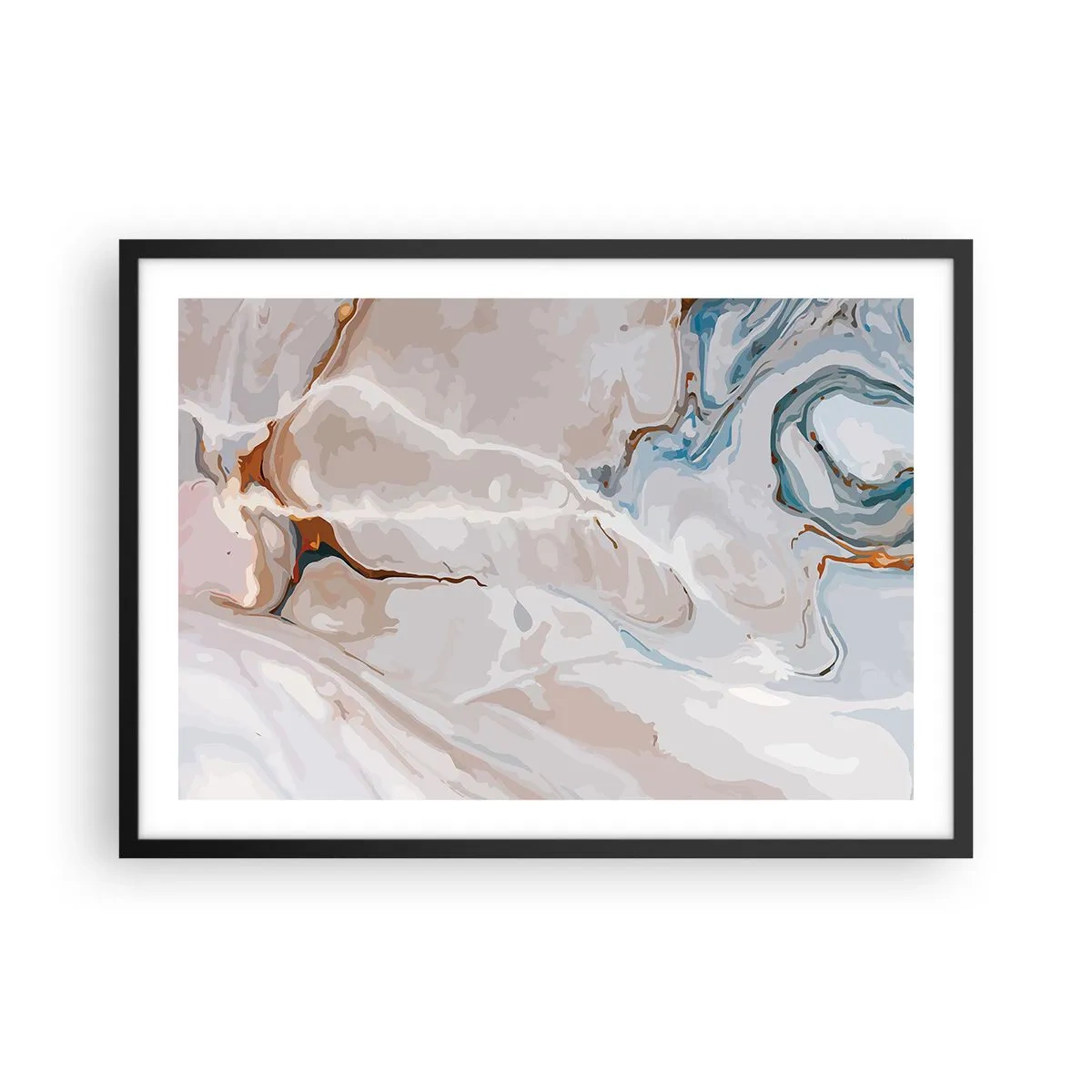 Affiche dans un cadre noir - Poster - Motif abstrait dans les tons de blanc et de bleu - 70x50cm - Le bleu serpente sous le blanc - Décoration murale moderne pour le salon et la chambre ARTTOR