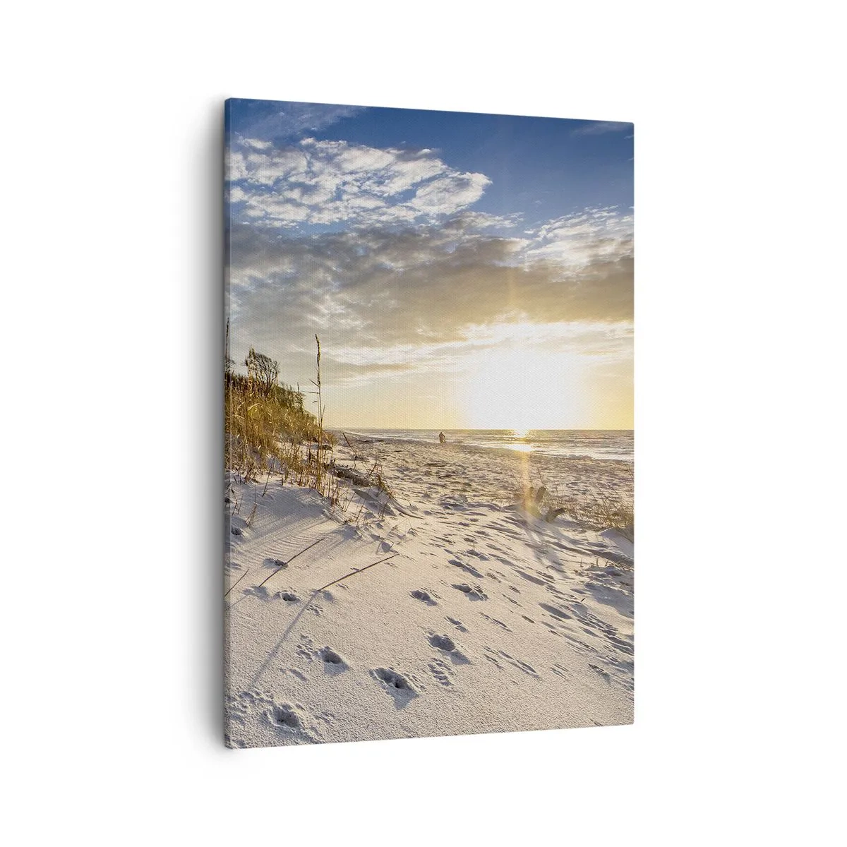 Impression sur toile - Image sur toile - Dunes avec de l'herbe et des empreintes de pas dans le sable au coucher du soleil - 50x70cm - Invitation à la ballade - Décoration murale moderne pour le salon et la chambre ARTTOR