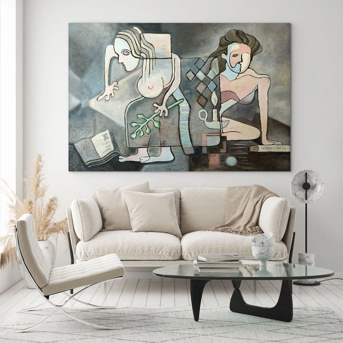 Impression sur verre - Image sur verre - Une scène abstraite avec deux personnages dans un style cubiste. - 120x80cm - Mosaïque d'esprit et de matière - Décoration murale moderne pour le salon et la chambre ARTTOR