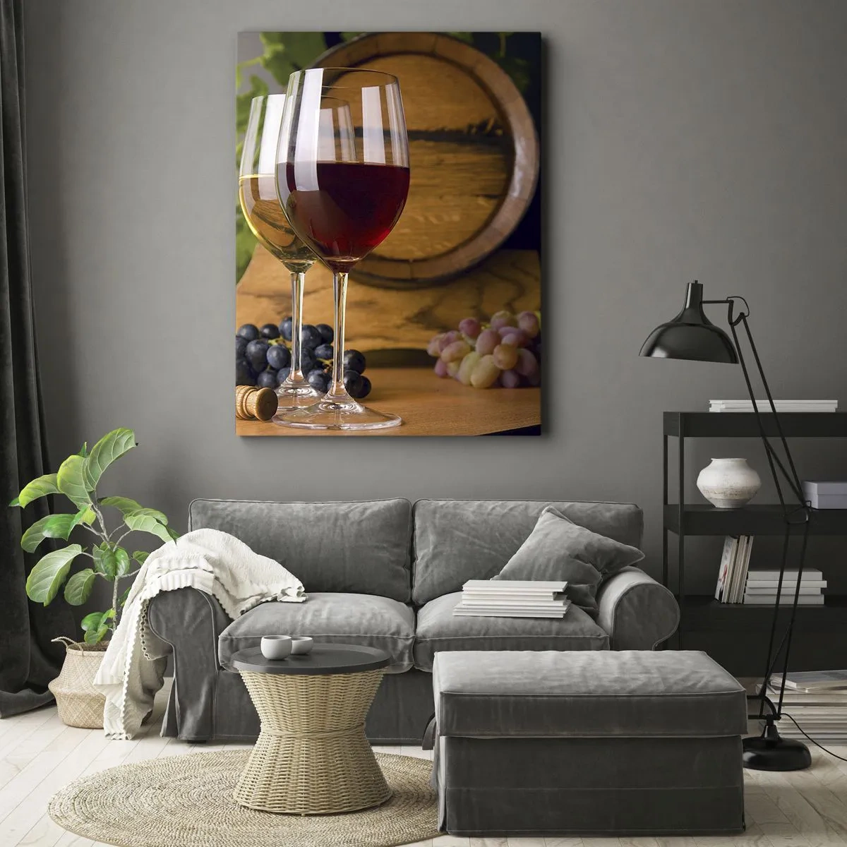 Impression sur toile - Image sur toile - Verres de vin avec des raisins, un tonneau et des bouteilles sur une table en bois - 70x100cm - Comme les vieux maîtres - Décoration murale moderne pour le salon et la chambre ARTTOR