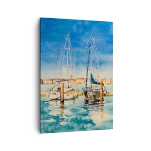 Impression sur toile - Image sur toile - Marina avec bateaux sur fond de lagon bleu - 50x70cm - Lagune ensoleillée - Décoration murale moderne pour le salon et la chambre ARTTOR