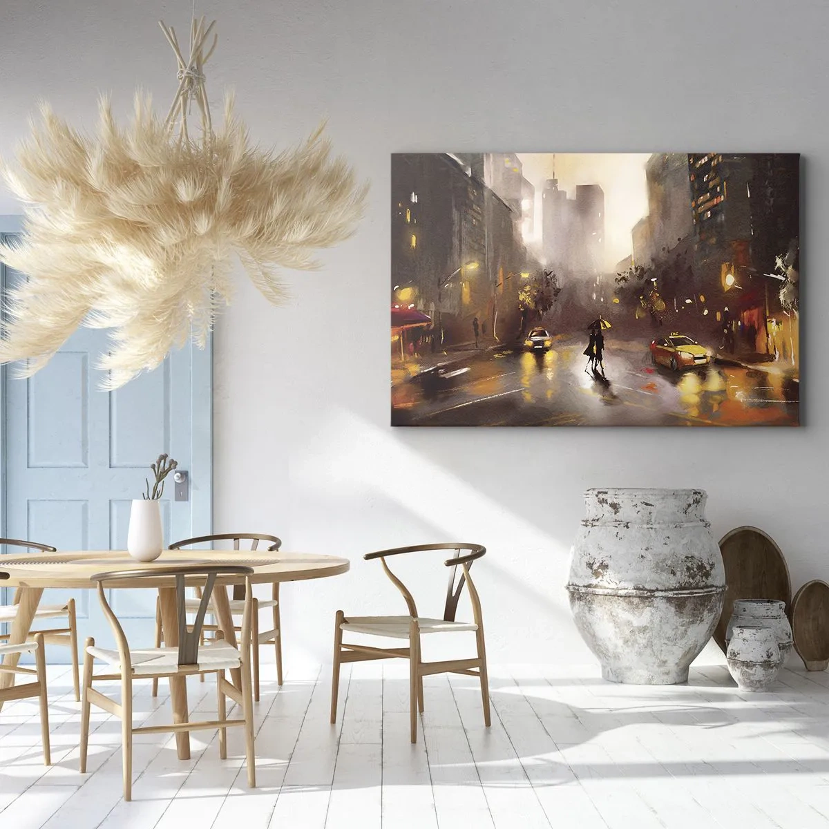 Impression sur toile - Image sur toile - Une scène urbaine la nuit à la lumière des lampadaires et des reflets sur une rue mouillée. - 70x50cm - Dans les lumières de New-York - Décoration murale moderne pour le salon et la chambre ARTTOR