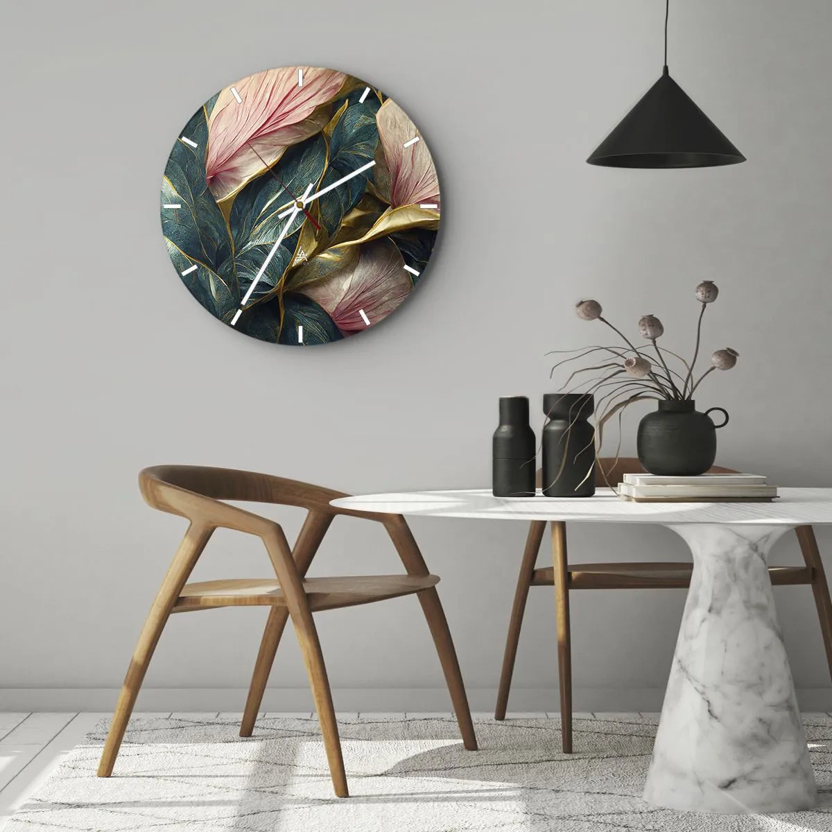 Horloge murale - Pendule murale - Feuilles aux tons verts, dorés et roses dans une forme élégante - 30x30cm - Élégance et style naturels - Décoration murale moderne pour le salon, la cuisine et la chambre ARTTOR