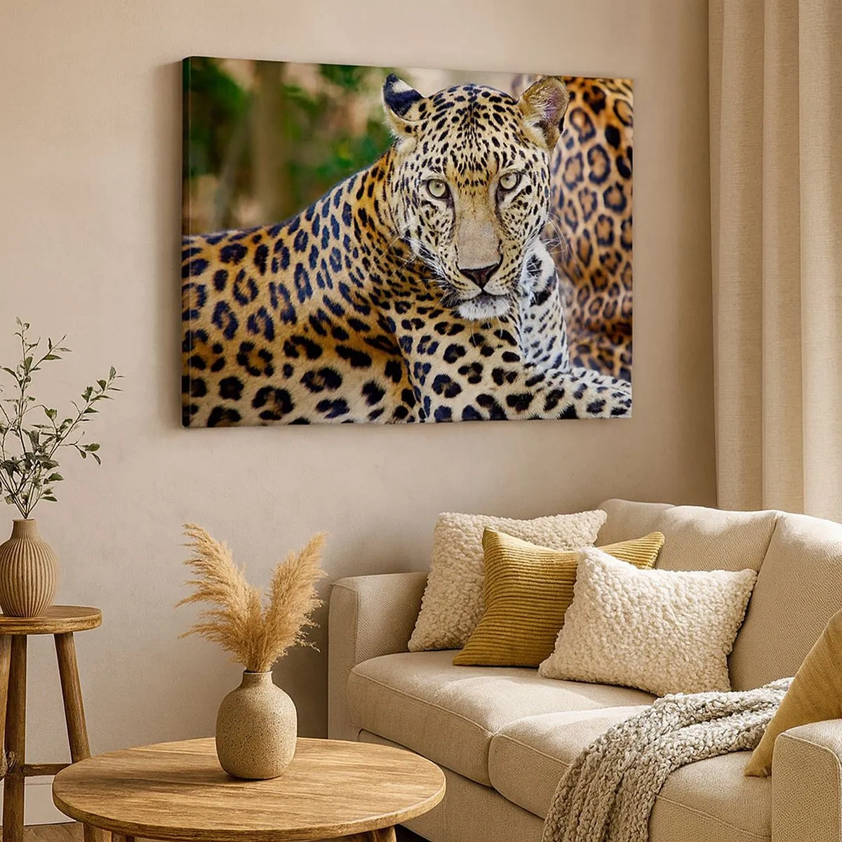 Impression sur toile - Image sur toile - Jaguar au repos dans un environnement naturel avec un fond vert. - 70x50cm - Sauvage et calme - Décoration murale moderne pour le salon et la chambre ARTTOR