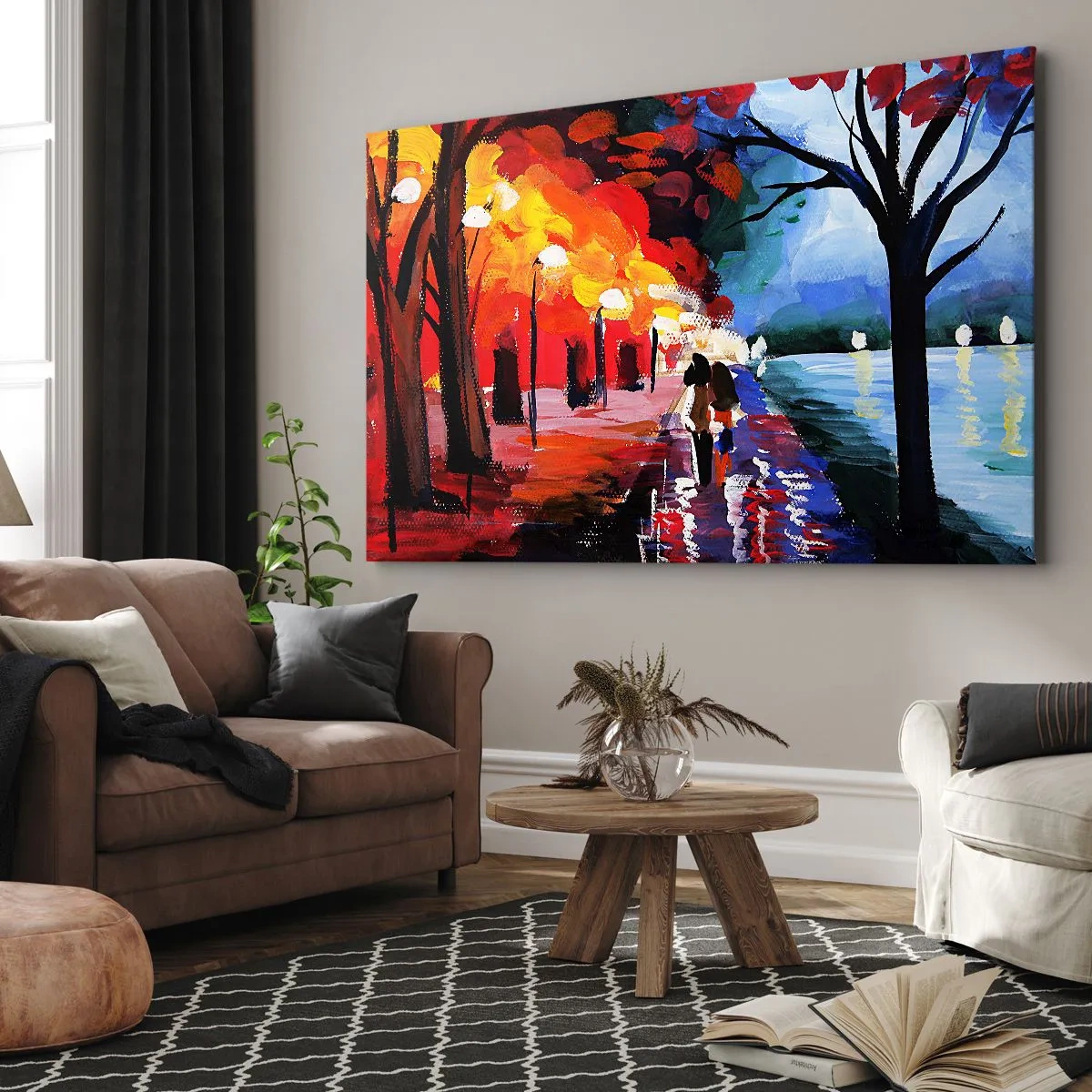 Impression sur toile - Image sur toile - Une promenade d'automne le long du sentier surplombant l'eau - 70x50cm - Automne flamboyant dans le parc - Décoration murale moderne pour le salon et la chambre ARTTOR