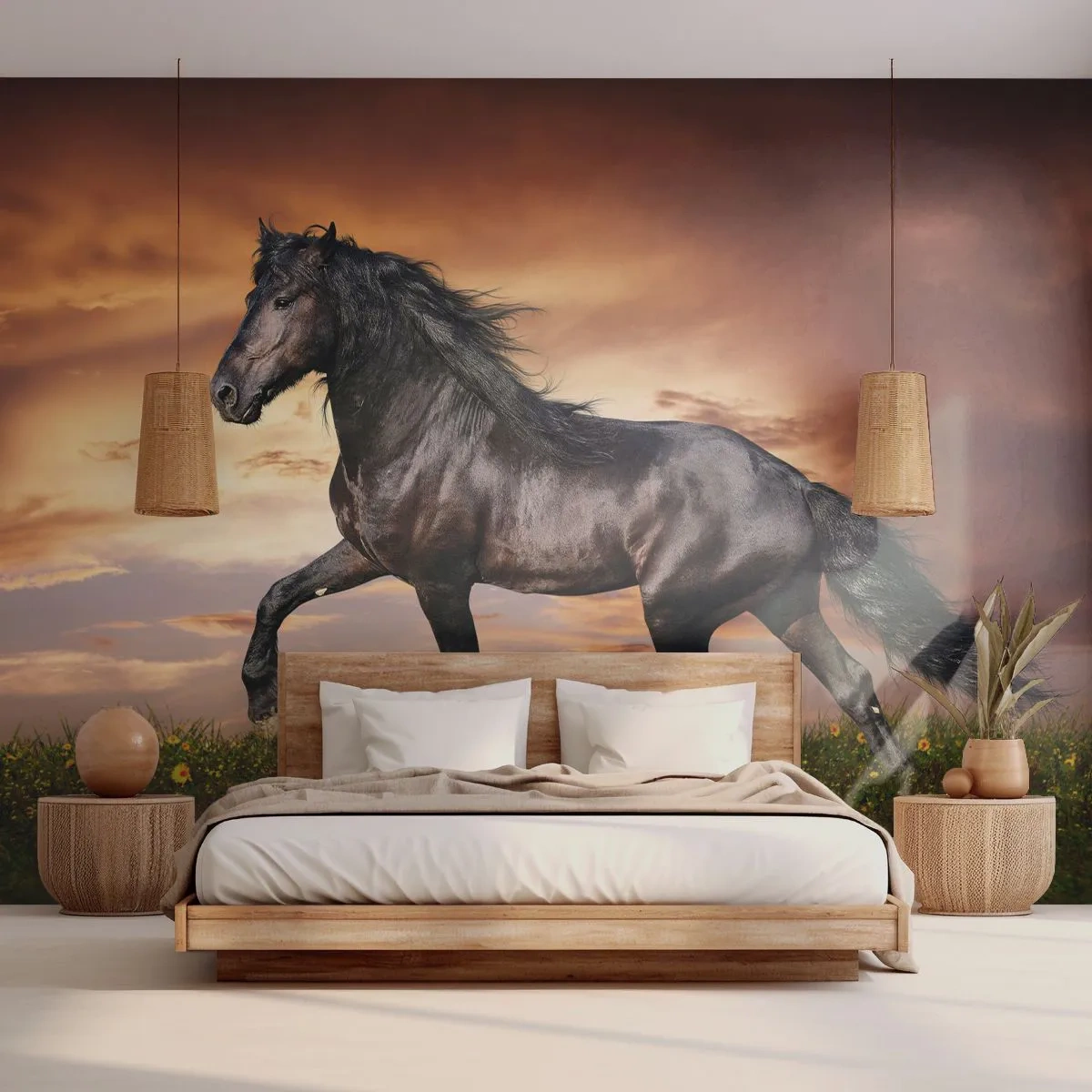Papier Peint Photo Premium Sand - Un cheval noir galopant contre le soleil couchant - 100x70cm - Livres noirs - Décoration murale moderne pour le salon et la chambre ARTTOR