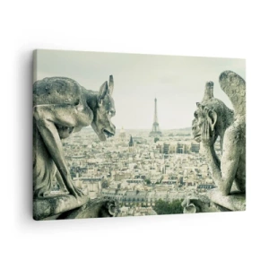 Impression sur toile - Image sur toile - Gargouilles surplombant les toits de Paris et la Tour Eiffel - 70x50cm - Bavardage parisien - Décoration murale moderne pour le salon et la chambre ARTTOR
