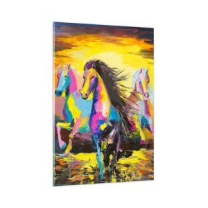 Impression sur verre - Image sur verre - Chevaux colorés galopant sur fond de soleil couchant - 80x120cm - Immergé dans l'arc-en-ciel - Décoration murale moderne pour le salon et la chambre ARTTOR
