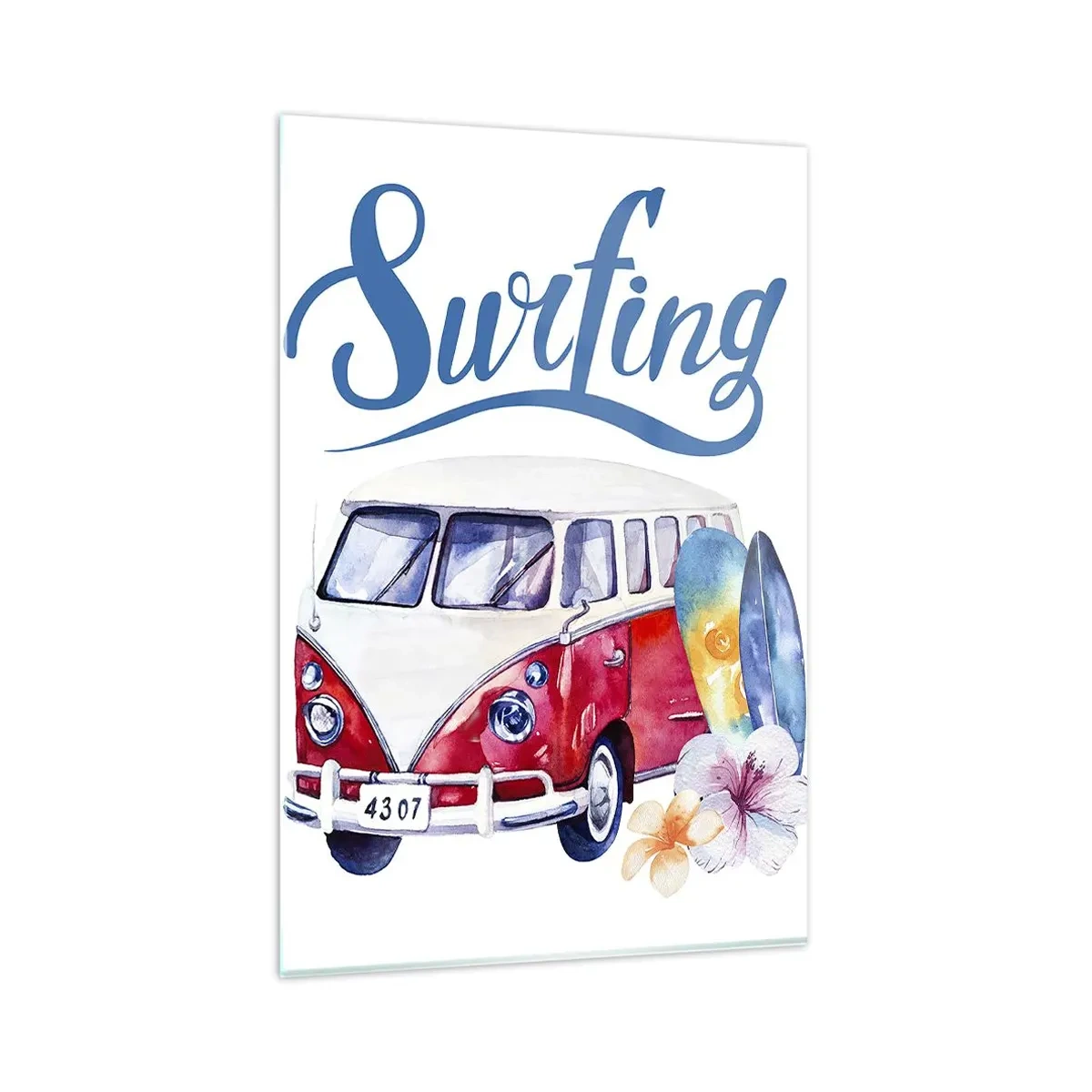 Impression sur verre - Image sur verre - Des graphismes colorés avec un thème de bus et de surf - 80x120cm - Concombre - un classique pour un surfeur - Décoration murale moderne pour le salon et la chambre ARTTOR